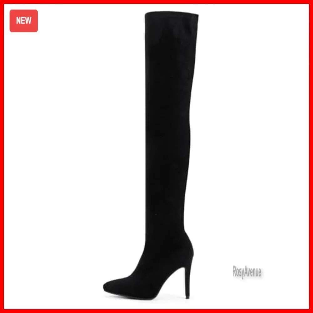 Stretchy Leather Thigh High Snow Boots with 3.5 Inch Heel